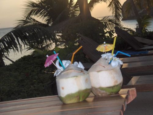 Two fresh coconuts with cocktail umbrellas on a wooden sun lounger, palm trees and the sea at sunset behind