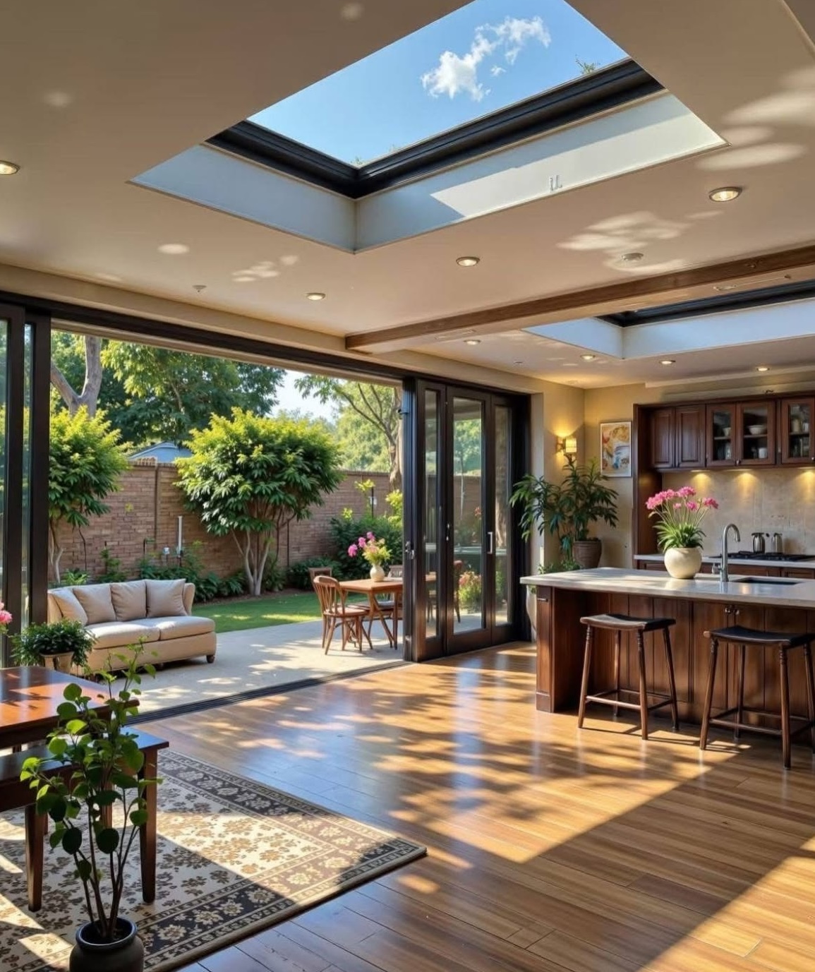 Open kitchen with a large skylight opening onto a garden
