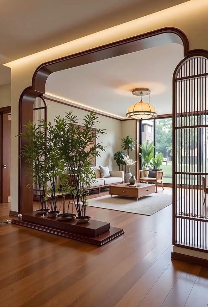 Wooden arch threshold framing a living room with indoor bamboo