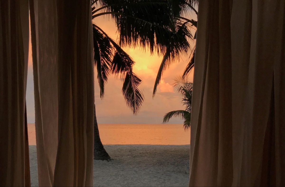 Sunset through linen curtains framing a palm — from Din Tanovic's travel mood collection