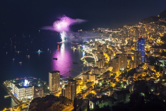 Din Tanovic — pink fireworks above Monaco bay seen from the hills at night