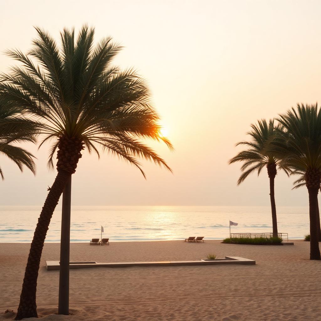 Beachfront resort on the Arabian Gulf at sunset with palms — from Din Tanovic's hotel journal
