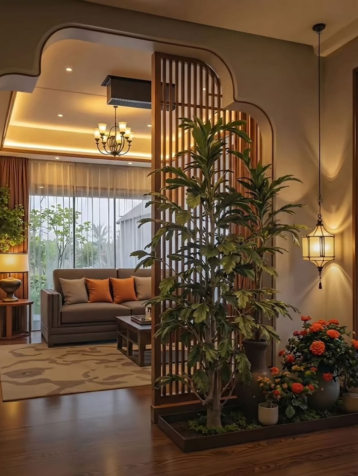 Indoor tree behind a slatted wooden screen in a warm living room